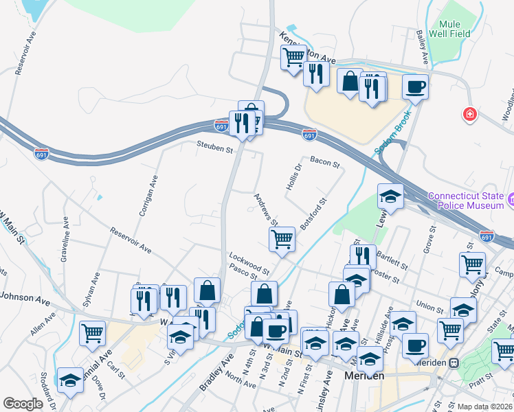 map of restaurants, bars, coffee shops, grocery stores, and more near 23 Lourdes Court in Meriden