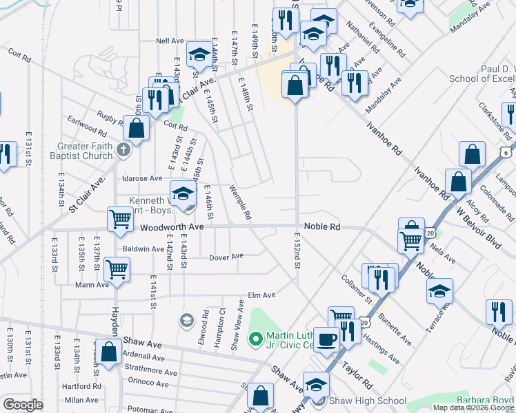 map of restaurants, bars, coffee shops, grocery stores, and more near 14915 Woodworth Ave in Cleveland