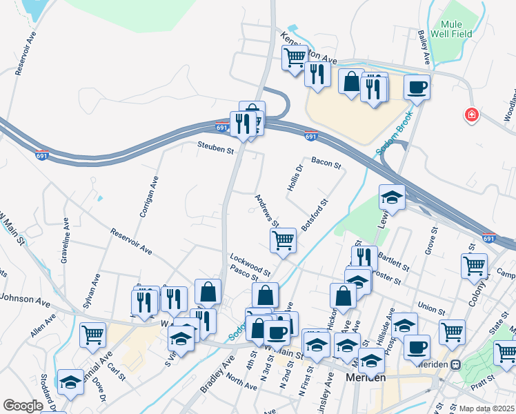 map of restaurants, bars, coffee shops, grocery stores, and more near 26 Lourdes Court in Meriden