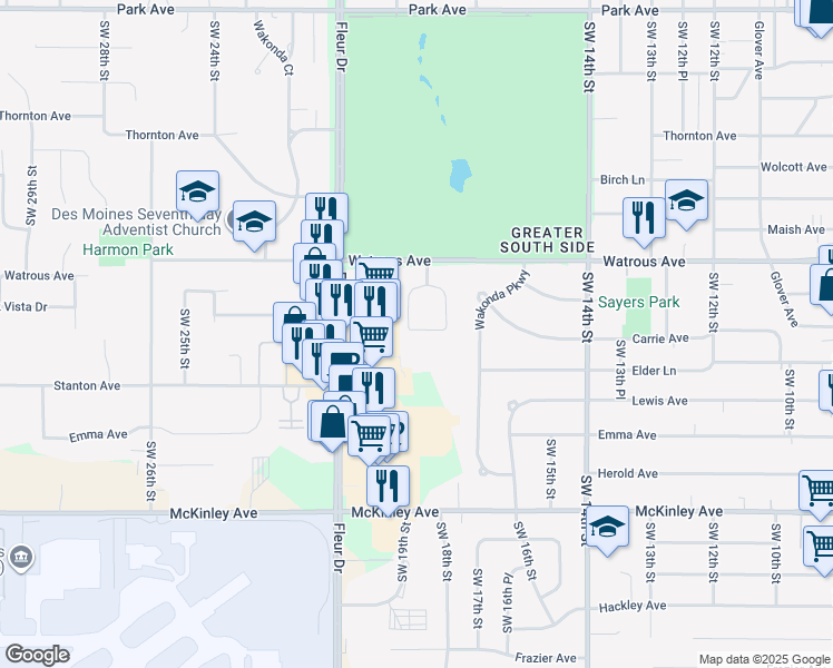 map of restaurants, bars, coffee shops, grocery stores, and more near 25 Wakonda Cir in Des Moines