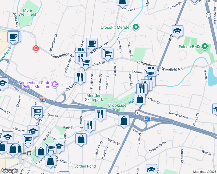 map of restaurants, bars, coffee shops, grocery stores, and more near 116 Park Avenue in Meriden