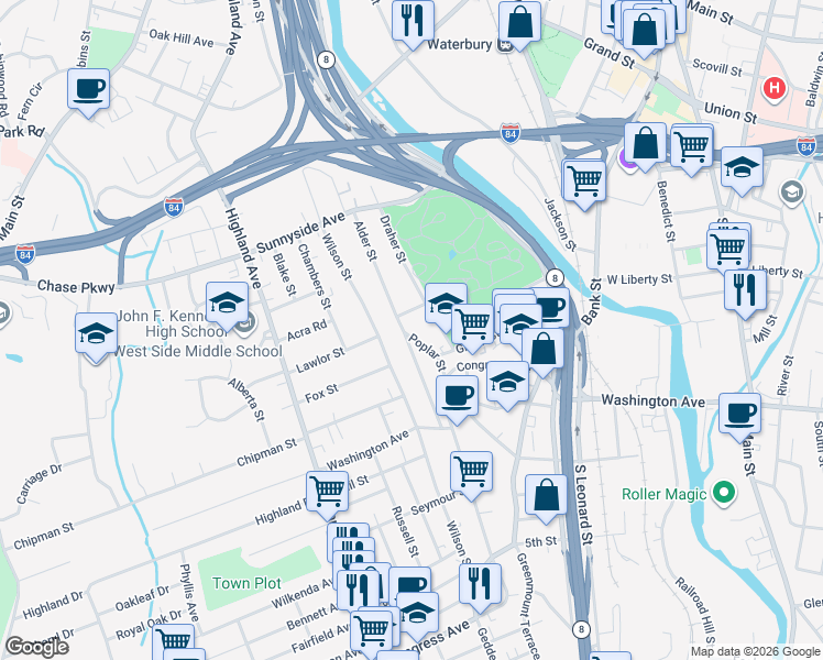map of restaurants, bars, coffee shops, grocery stores, and more near 29 Poplar Street in Waterbury