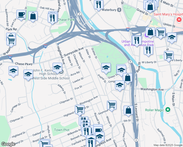 map of restaurants, bars, coffee shops, grocery stores, and more near 429 Wilson Street in Waterbury