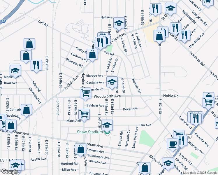 map of restaurants, bars, coffee shops, grocery stores, and more near 14113 Woodworth Avenue in Cleveland