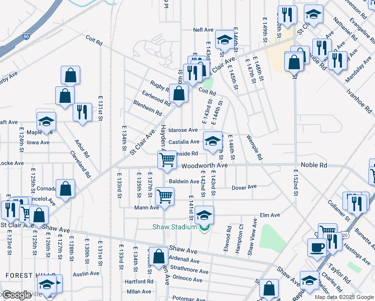 map of restaurants, bars, coffee shops, grocery stores, and more near 14001 Woodworth Avenue in Cleveland