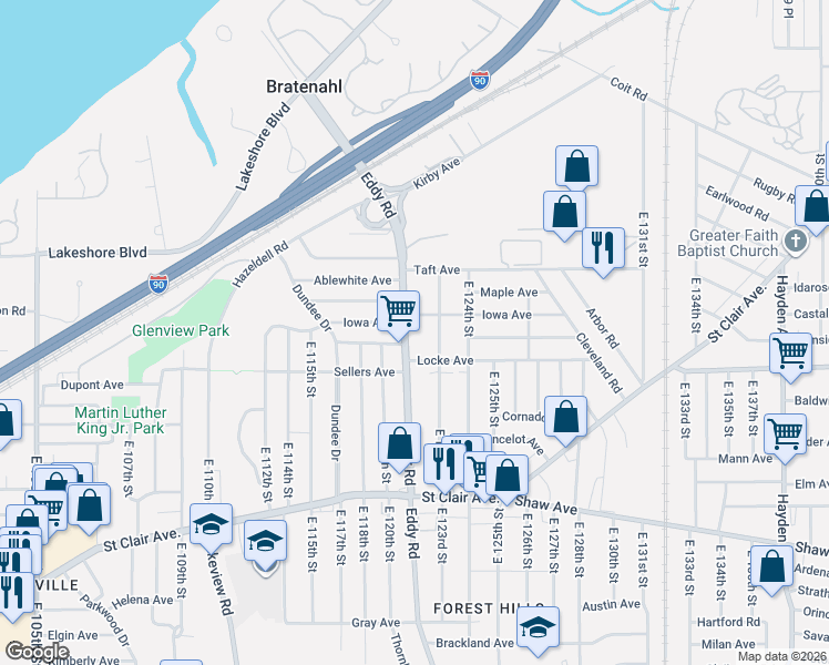 map of restaurants, bars, coffee shops, grocery stores, and more near 430 Eddy Road in Cleveland
