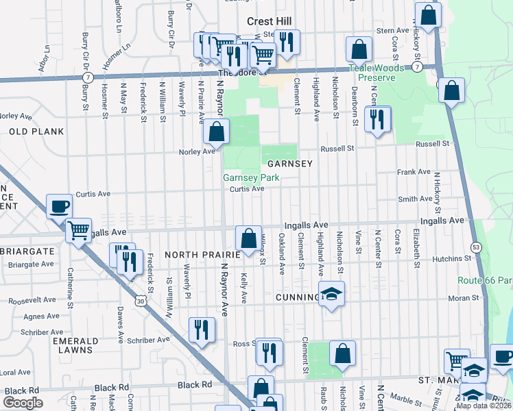 map of restaurants, bars, coffee shops, grocery stores, and more near 1205 Wilcox Street in Joliet