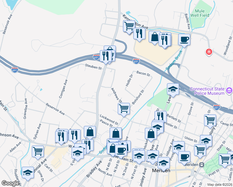 map of restaurants, bars, coffee shops, grocery stores, and more near 135 Andrews Street in Meriden