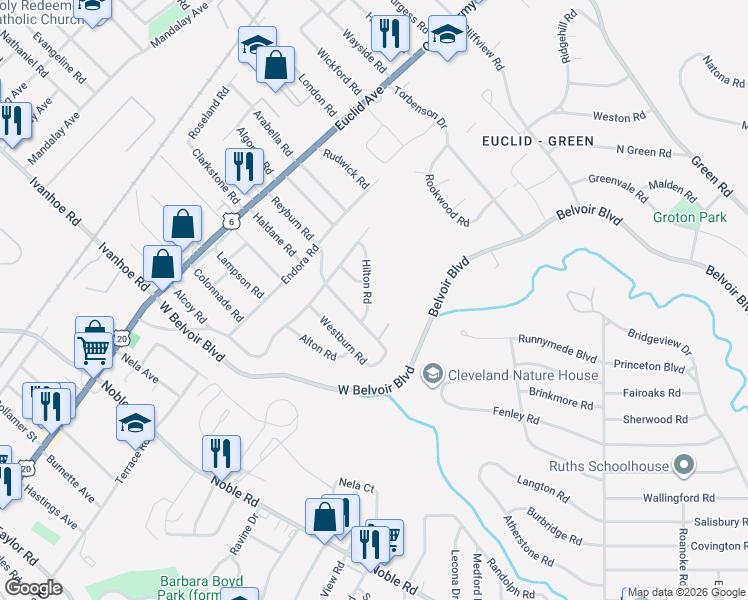 map of restaurants, bars, coffee shops, grocery stores, and more near 2001 Reyburn Road in Cleveland