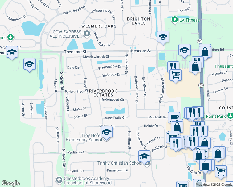 map of restaurants, bars, coffee shops, grocery stores, and more near 5216 Riviera Boulevard in Plainfield