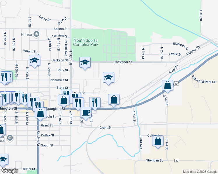 map of restaurants, bars, coffee shops, grocery stores, and more near 555 Jackson Street in Blair