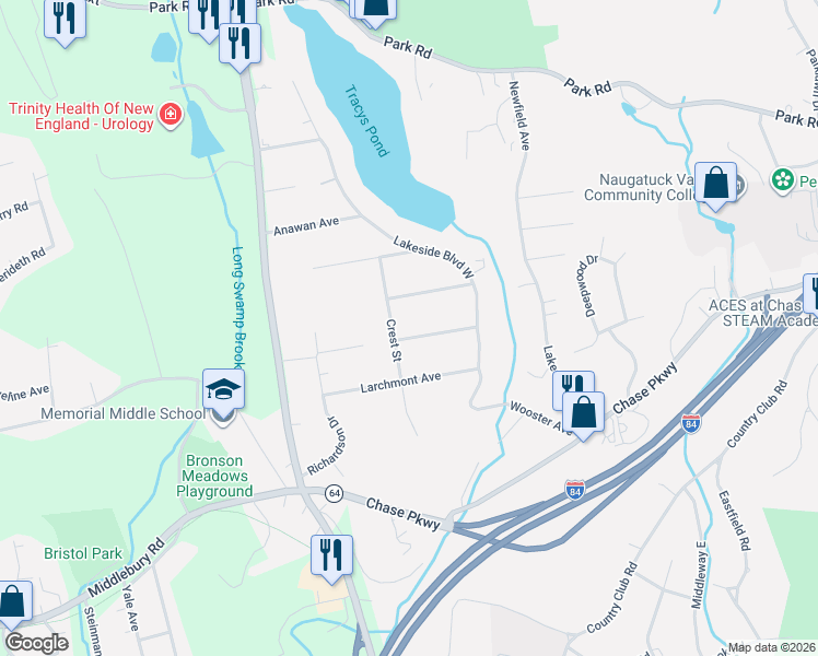 map of restaurants, bars, coffee shops, grocery stores, and more near 72 Highwood Road in Waterbury