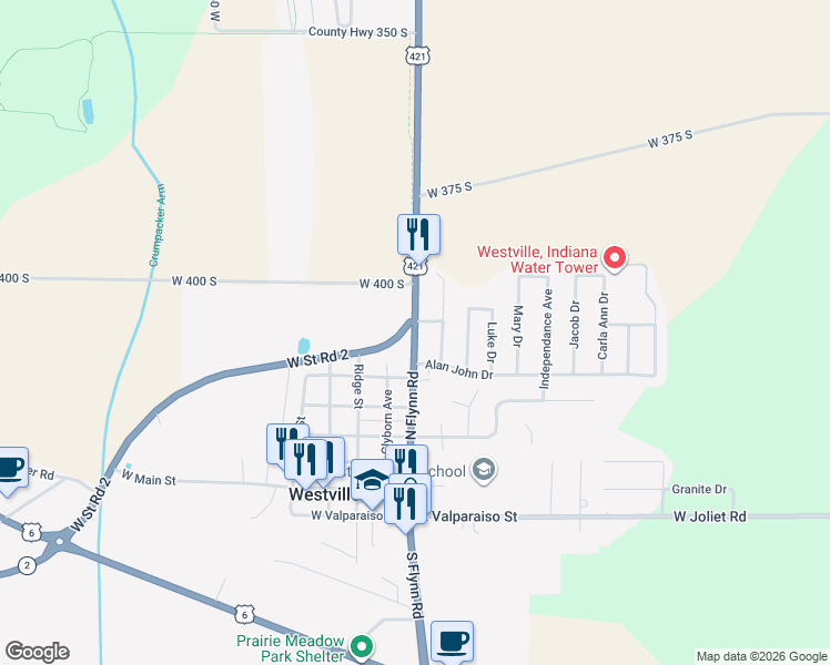 map of restaurants, bars, coffee shops, grocery stores, and more near 500 N Flynn Rd in Westville