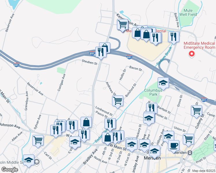 map of restaurants, bars, coffee shops, grocery stores, and more near 14 Lourdes Court in Meriden
