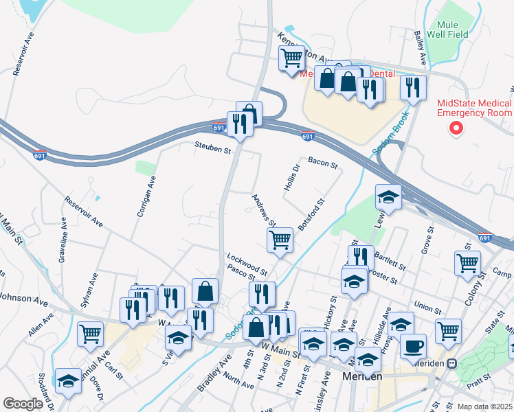 map of restaurants, bars, coffee shops, grocery stores, and more near 13 Lourdes Court in Meriden