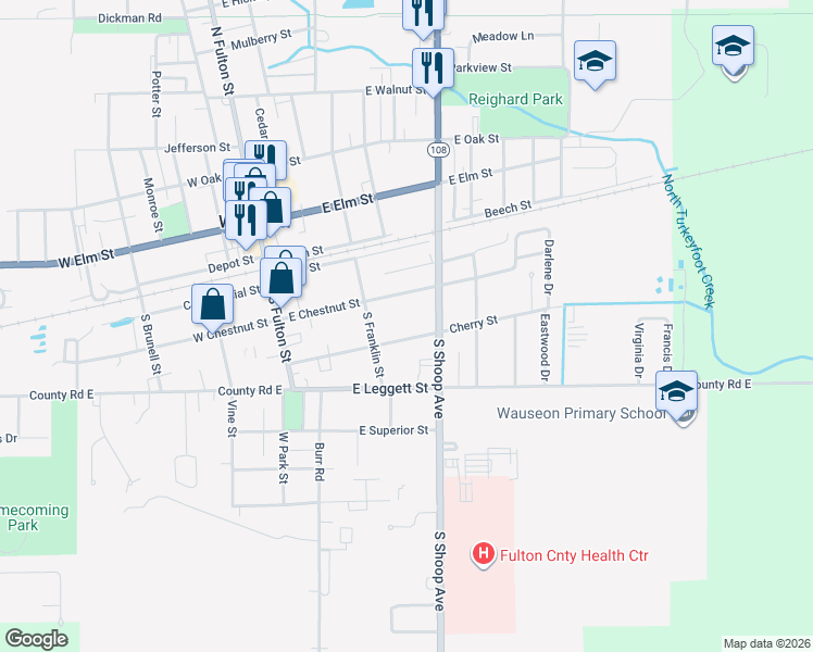 map of restaurants, bars, coffee shops, grocery stores, and more near 414 Cherry Street in Wauseon