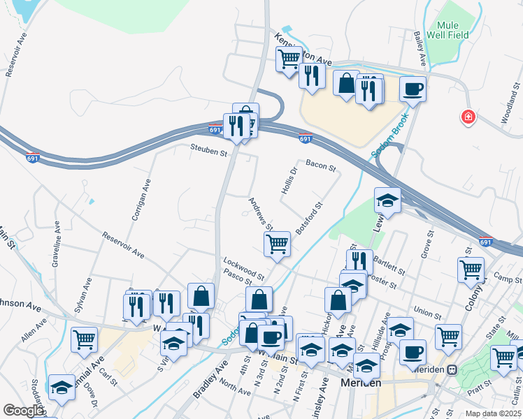 map of restaurants, bars, coffee shops, grocery stores, and more near 137 Andrews Street in Meriden