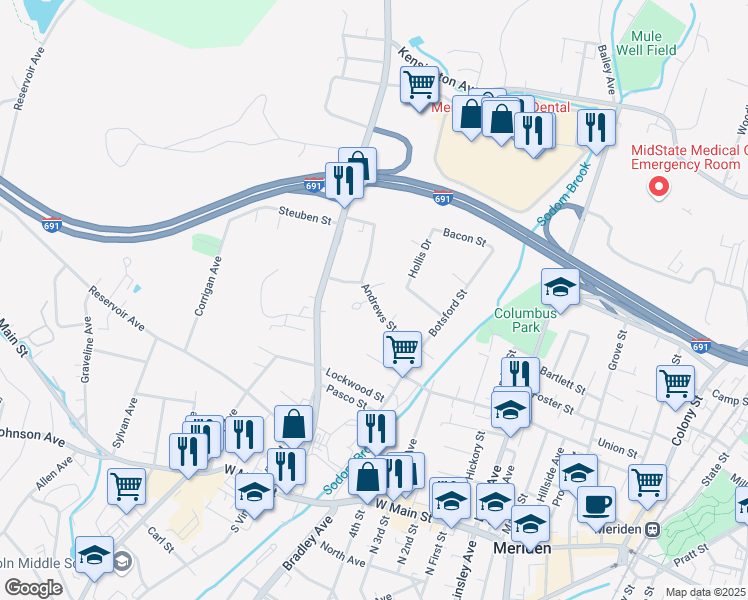 map of restaurants, bars, coffee shops, grocery stores, and more near 141 Andrews Street in Meriden