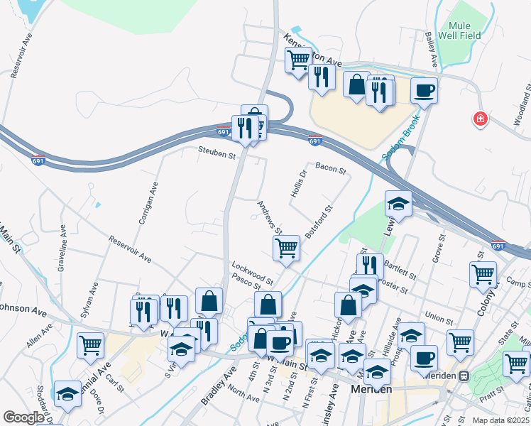 map of restaurants, bars, coffee shops, grocery stores, and more near 176 Andrews Street in Meriden