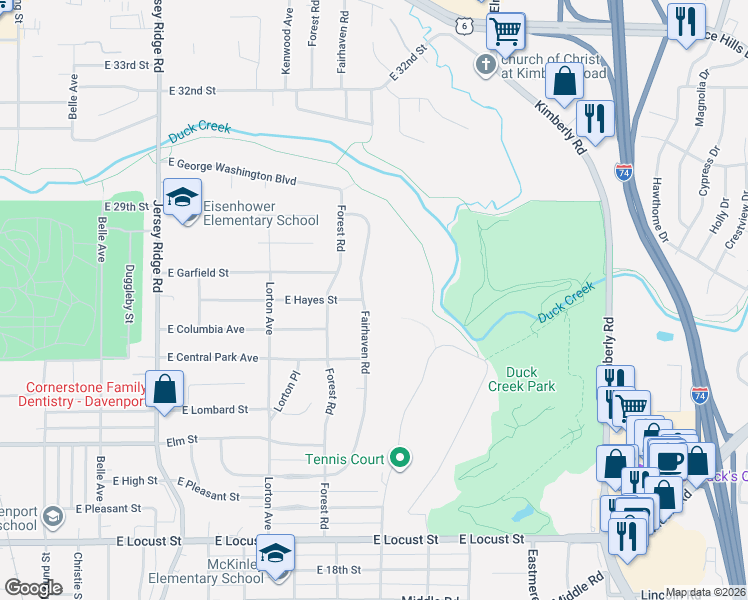 map of restaurants, bars, coffee shops, grocery stores, and more near 2519 Fairhaven Rd in Davenport