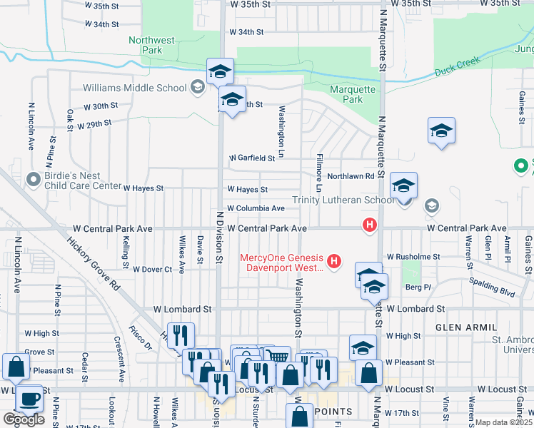 map of restaurants, bars, coffee shops, grocery stores, and more near 2605 North Sturdevant Street in Davenport