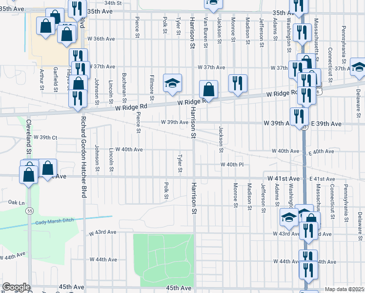 map of restaurants, bars, coffee shops, grocery stores, and more near 3987 Tyler Street in Gary