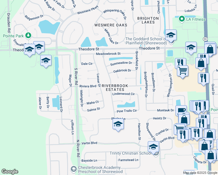 map of restaurants, bars, coffee shops, grocery stores, and more near 5317 Lindenwood Circle in Plainfield