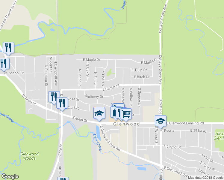 map of restaurants, bars, coffee shops, grocery stores, and more near 304 East Center Street in Glenwood