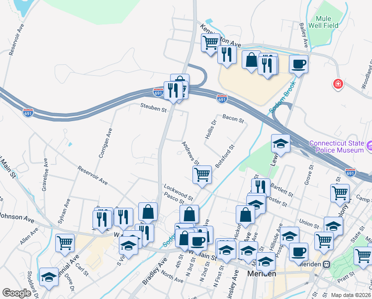 map of restaurants, bars, coffee shops, grocery stores, and more near 11 Lourdes Court in Meriden