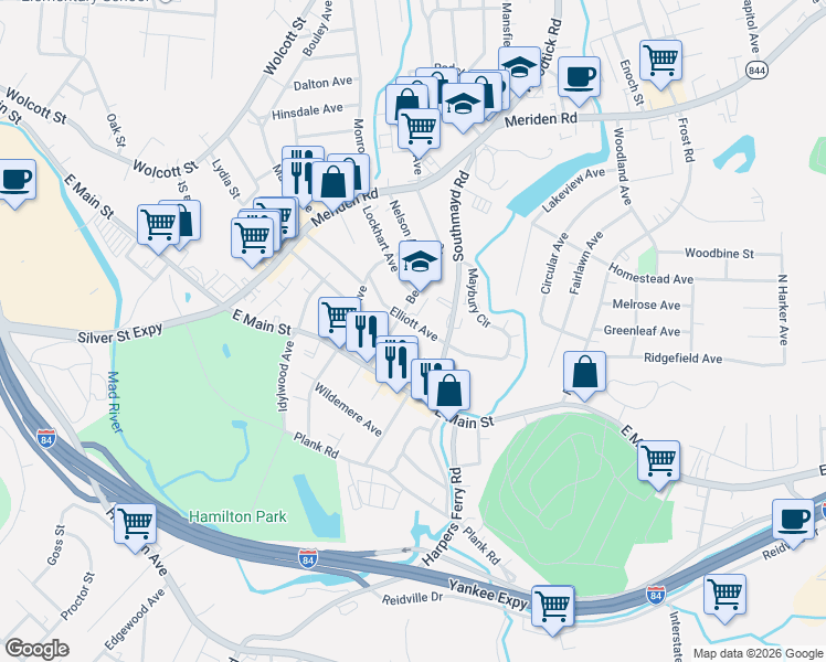 map of restaurants, bars, coffee shops, grocery stores, and more near 208 Elliott Avenue in Waterbury