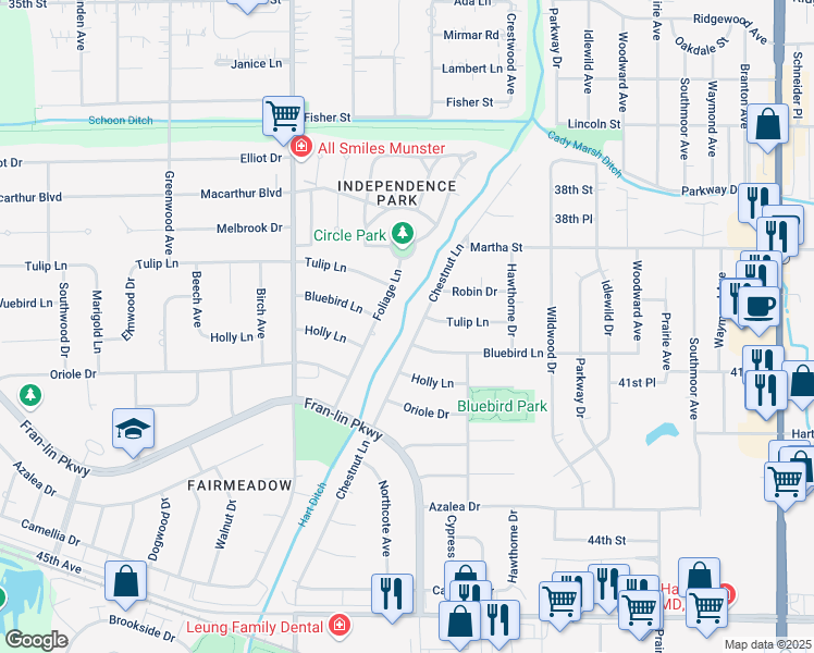 map of restaurants, bars, coffee shops, grocery stores, and more near 9244 Chestnut Lane in Munster