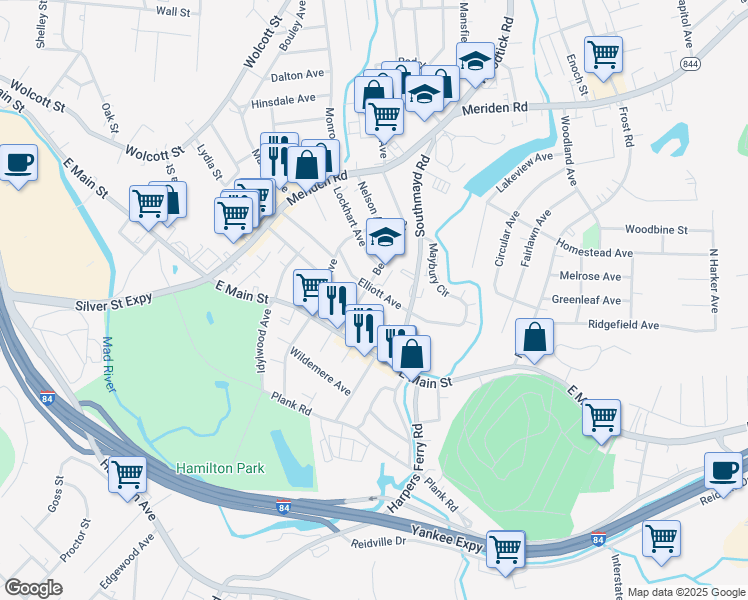 map of restaurants, bars, coffee shops, grocery stores, and more near 60 Alma Street in Waterbury