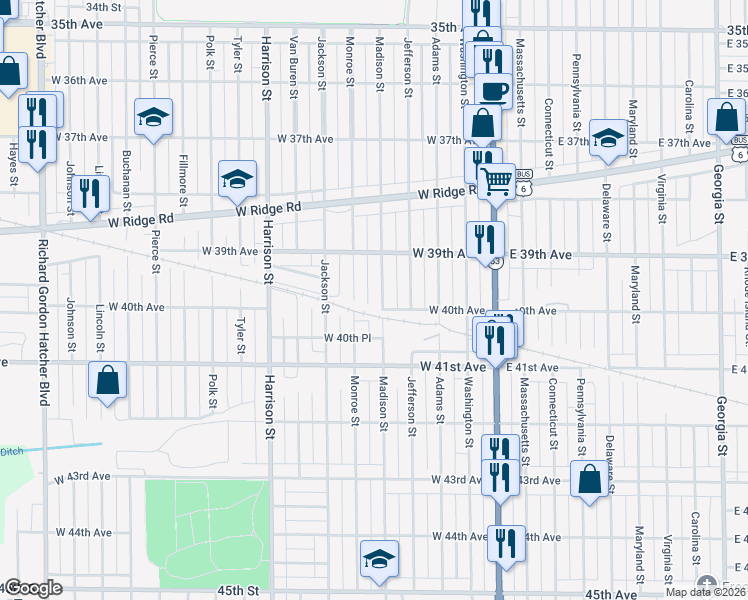 map of restaurants, bars, coffee shops, grocery stores, and more near 4023 Monroe Street in Gary