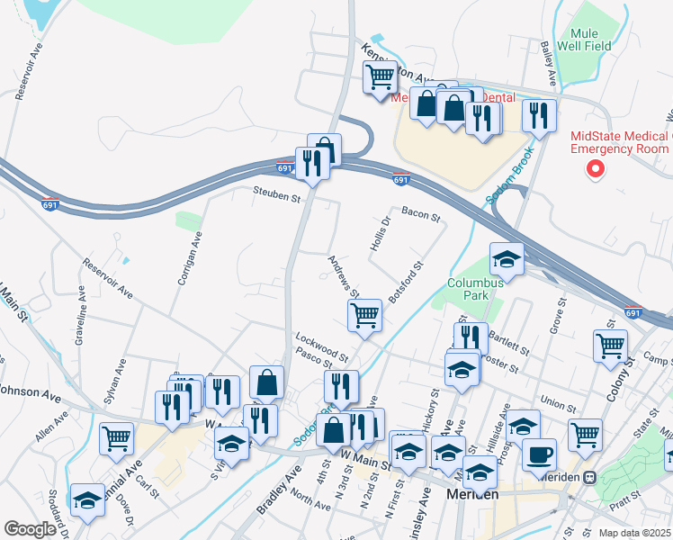 map of restaurants, bars, coffee shops, grocery stores, and more near 7 Lourdes Court in Meriden