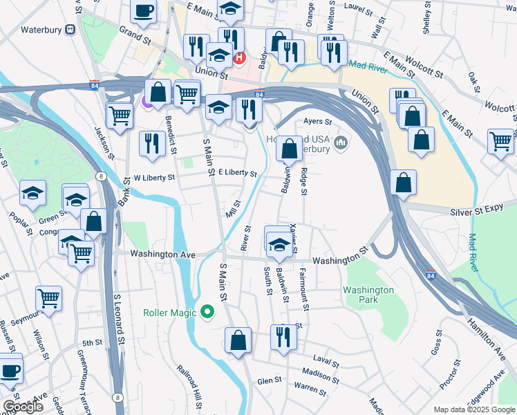 map of restaurants, bars, coffee shops, grocery stores, and more near 243 River Street in Waterbury