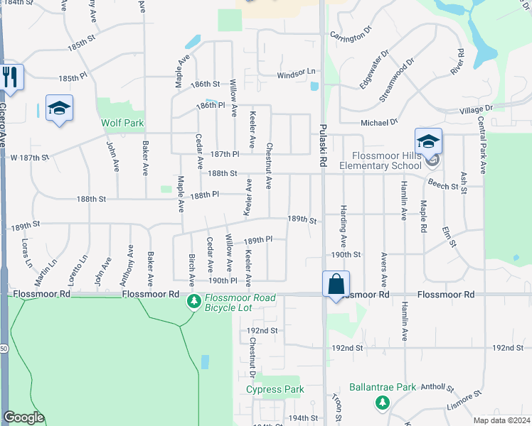 map of restaurants, bars, coffee shops, grocery stores, and more near 18854 Chestnut Avenue in Country Club Hills