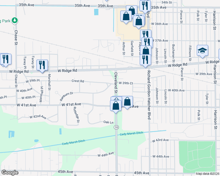 map of restaurants, bars, coffee shops, grocery stores, and more near 2017 Ranburn Drive in Gary