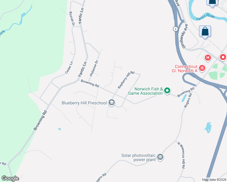 map of restaurants, bars, coffee shops, grocery stores, and more near 136 Browning Road in Norwich