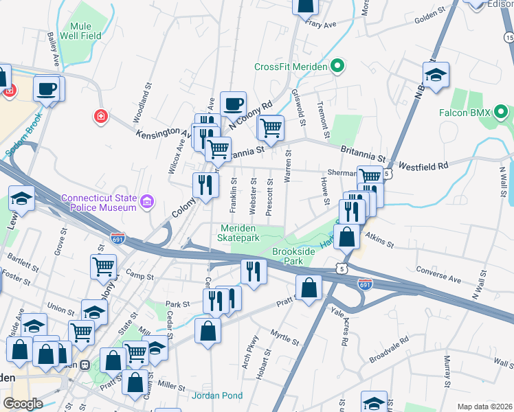map of restaurants, bars, coffee shops, grocery stores, and more near 82 Park Avenue in Meriden