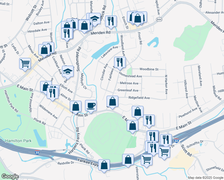 map of restaurants, bars, coffee shops, grocery stores, and more near 82 Frost Road in Waterbury