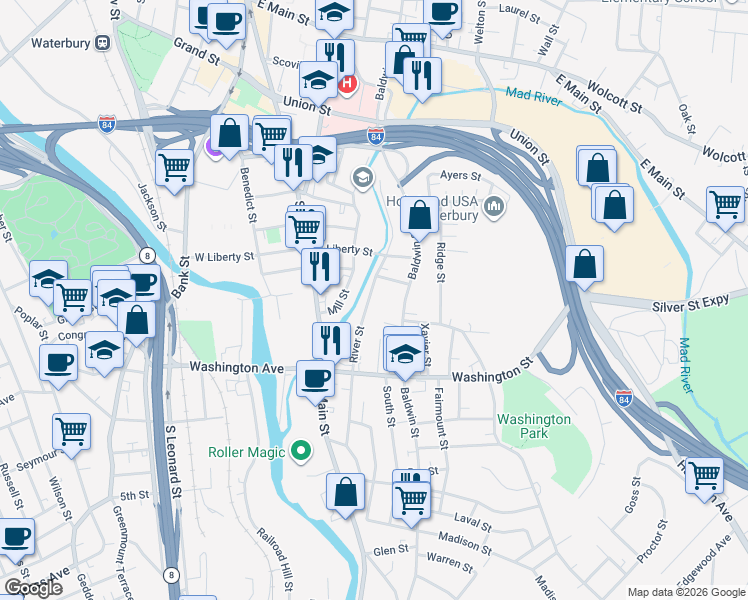 map of restaurants, bars, coffee shops, grocery stores, and more near 536 Baldwin Street in Waterbury