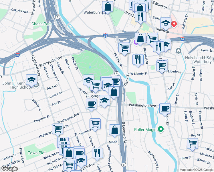 map of restaurants, bars, coffee shops, grocery stores, and more near 23 John Street in Waterbury