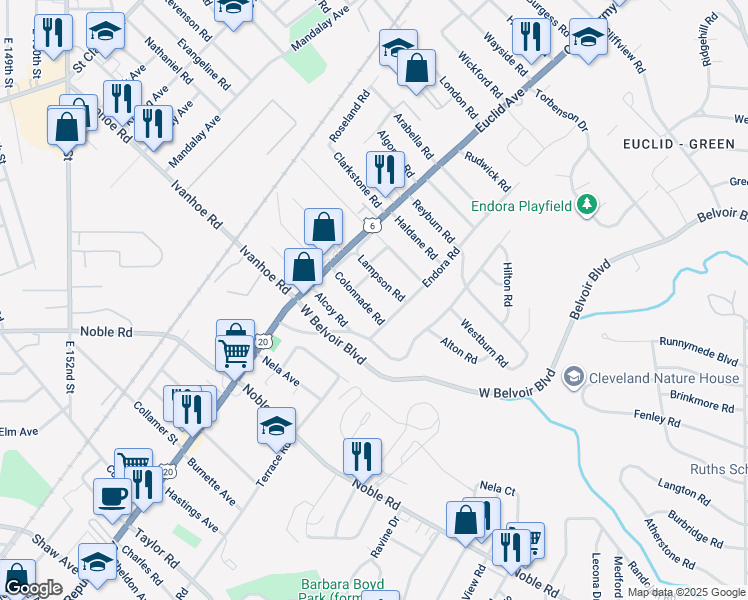 map of restaurants, bars, coffee shops, grocery stores, and more near 1886 Colonnade Road in Cleveland
