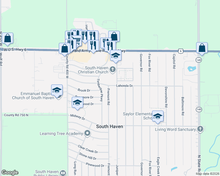 map of restaurants, bars, coffee shops, grocery stores, and more near 766 Juniper Road in Valparaiso