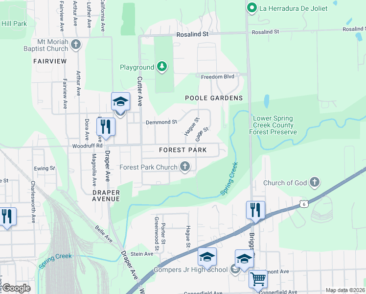 map of restaurants, bars, coffee shops, grocery stores, and more near 1311 Ada Street in Joliet