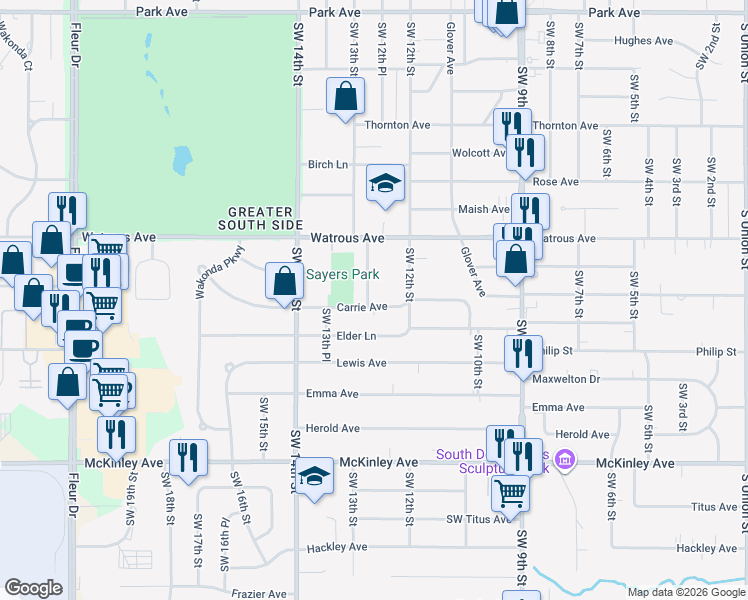 map of restaurants, bars, coffee shops, grocery stores, and more near 1209 Elder Lane in Des Moines