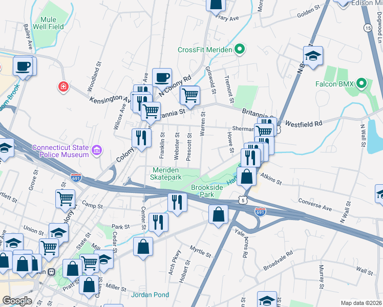 map of restaurants, bars, coffee shops, grocery stores, and more near 116 Park Avenue in Meriden