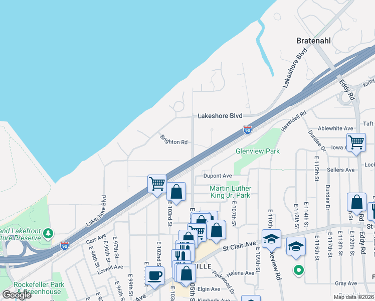 map of restaurants, bars, coffee shops, grocery stores, and more near 10322 Burton Avenue in Bratenahl