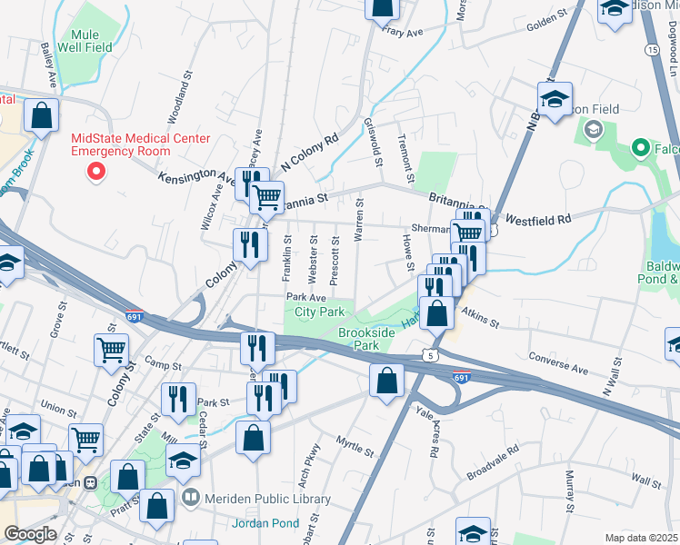 map of restaurants, bars, coffee shops, grocery stores, and more near 33 Prescott Street in Meriden