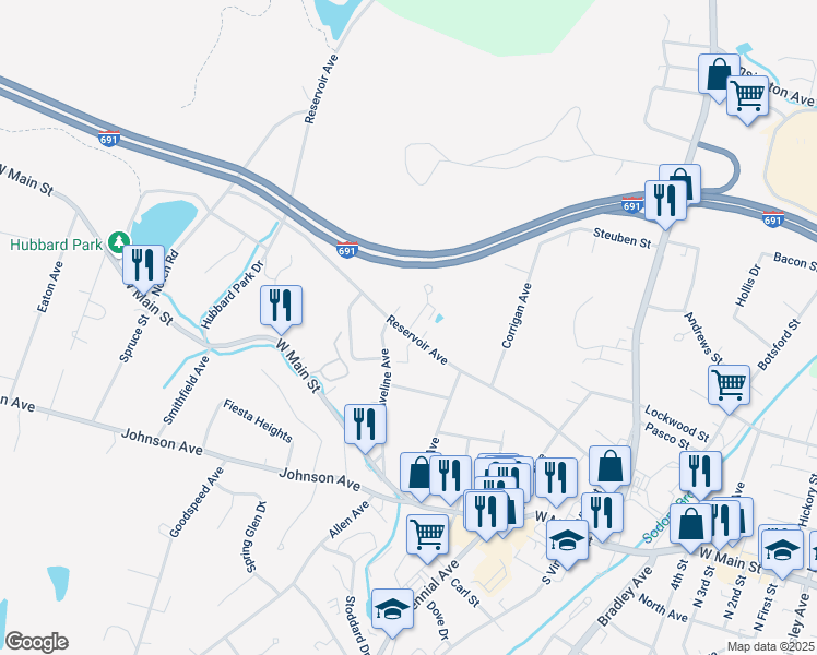 map of restaurants, bars, coffee shops, grocery stores, and more near 266 Reservoir Avenue in Meriden